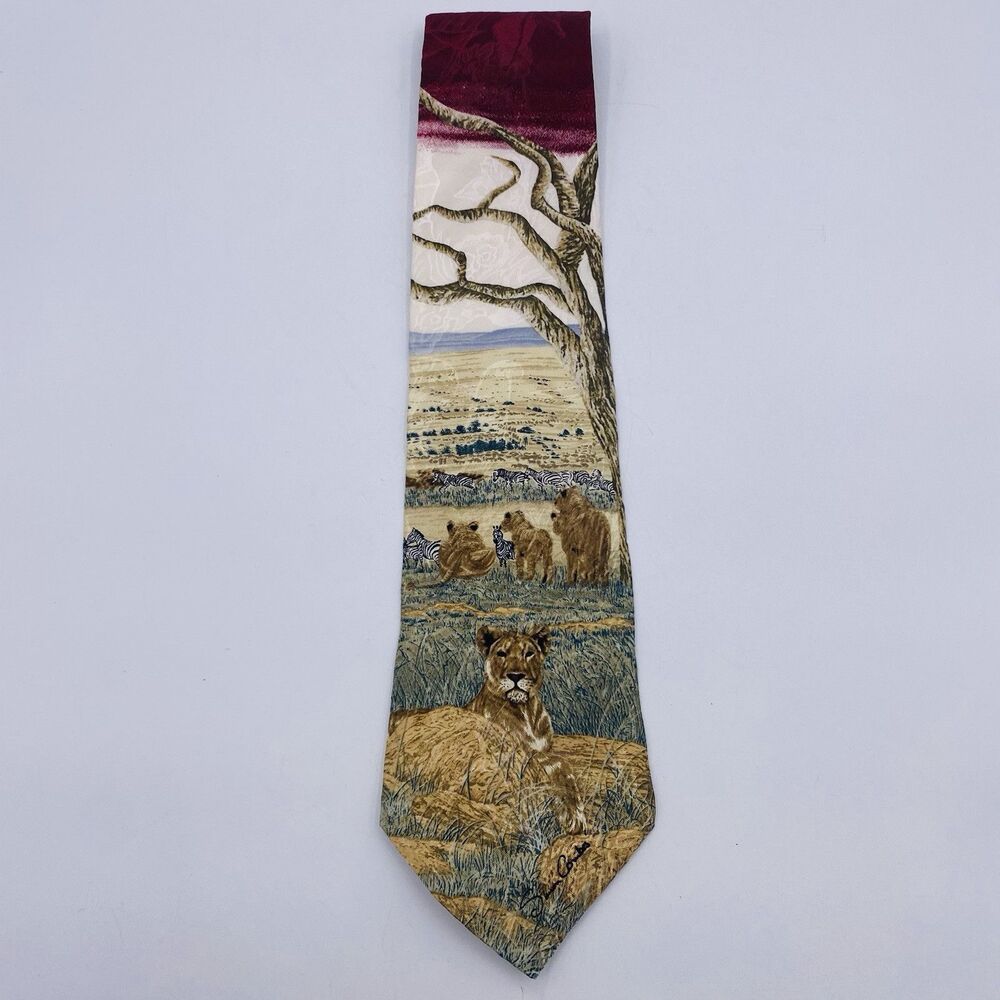 Vintage 1995 Endangered Species Men's Tie Lions & Zebras Simon Combs 100% Silk